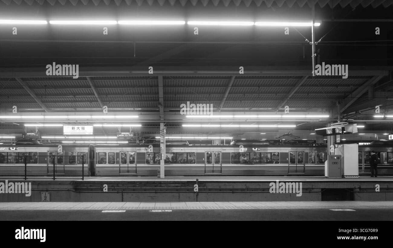 Einfarbiges Bild eines ruhigen Bahnsteigs mit einem angehaltenen Zug und beleuchteten Deckenleuchten, die ein Gefühl von Reisen und Transport vermitteln Stockfoto