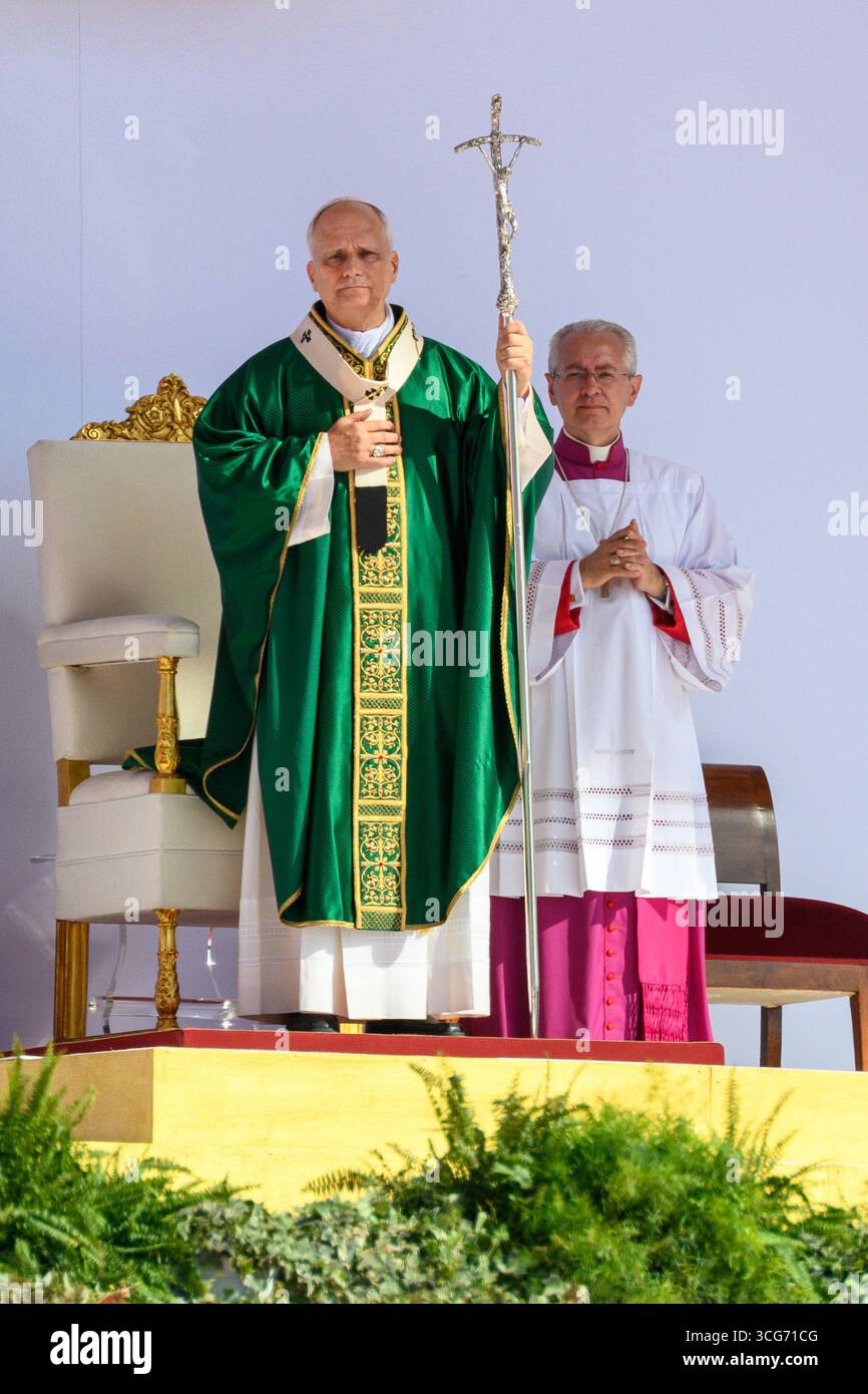 Papst Leo XIV. Feiert die Abschlussfeier des Jugendarbeitsjubiläums im Lager Tor Vergata in Rom, Italien. Stockfoto