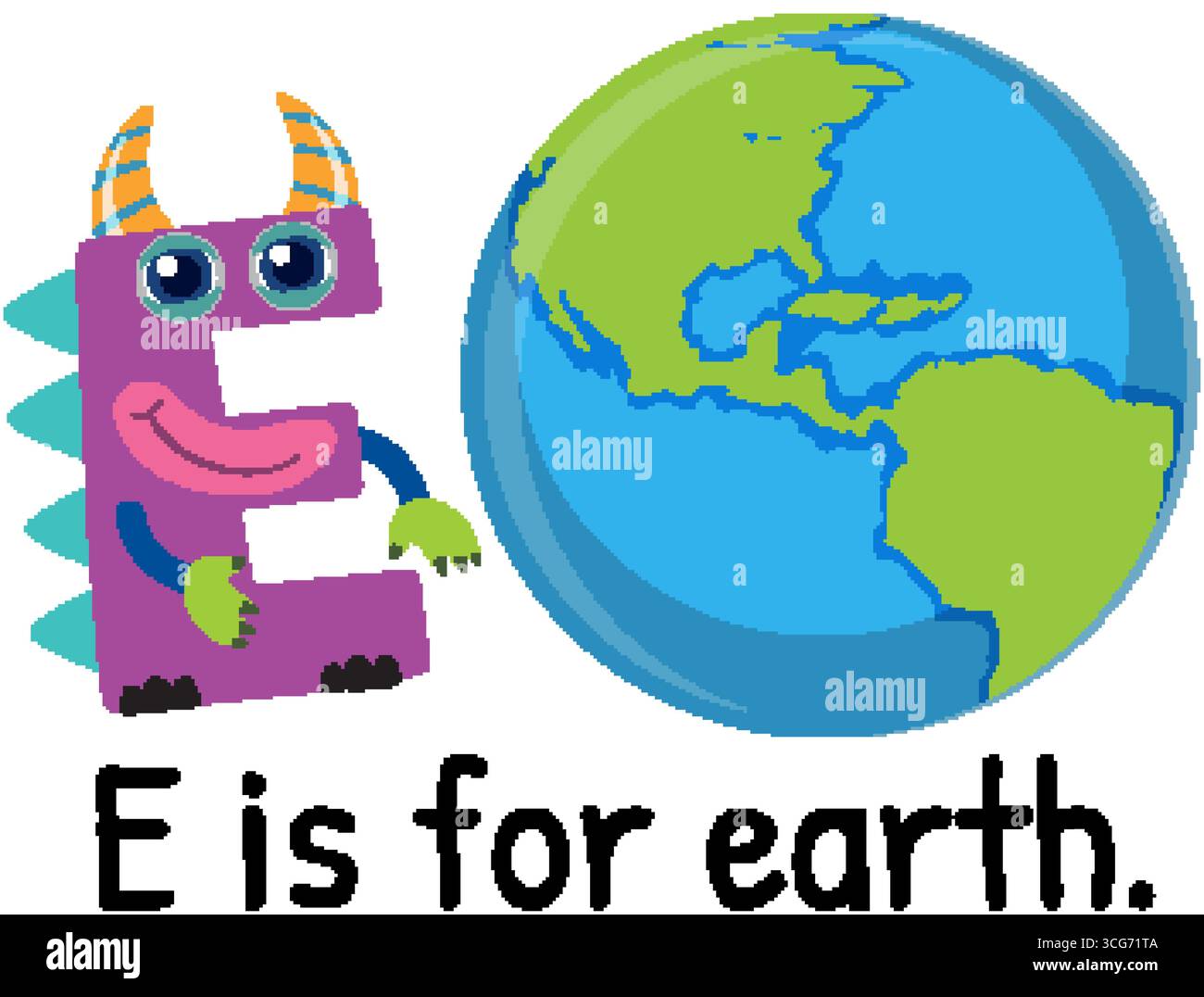 Verspielte Vektor-Illustration eines monsterförmigen Buchstaben E mit einem bunten Cartoon Erdkugel. Stock Vektor