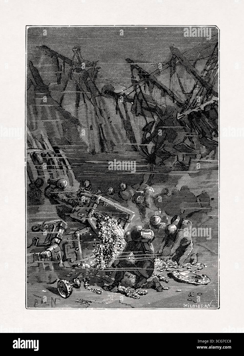 Illustration von Alphonse de Neuville, in der Captain Nemo und seine Crew einen Schatz aus einem Schiffswrack aus dem Buch 'Twenty Thousand Leagues' retten Stockfoto