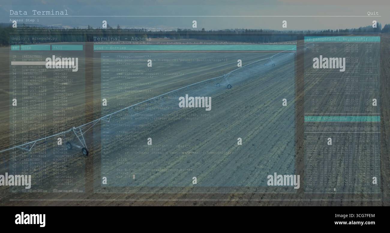 Bewässerungssystem mit zentralem Schwenkpunkt zur Bewässerung des Erntefeldes im ländlichen Betrieb, mit Datenüberlagerung Stockfoto