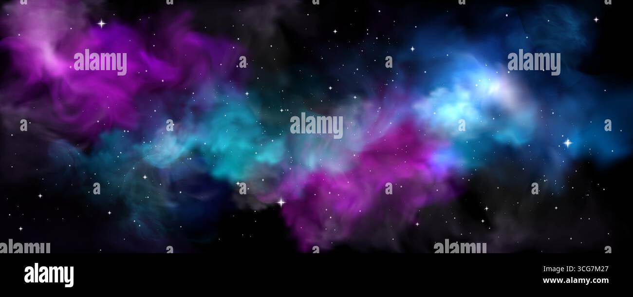 Kosmischer Nebel mit leuchtenden violetten und blauen Gaswolken - Raumhintergrund mit Sternen, Planetenatmosphäre und interstellarem Staub. Galaxy Scenes für fiktive Astronomie Hintergrundbilder und Universum Designs. Stock Vektor