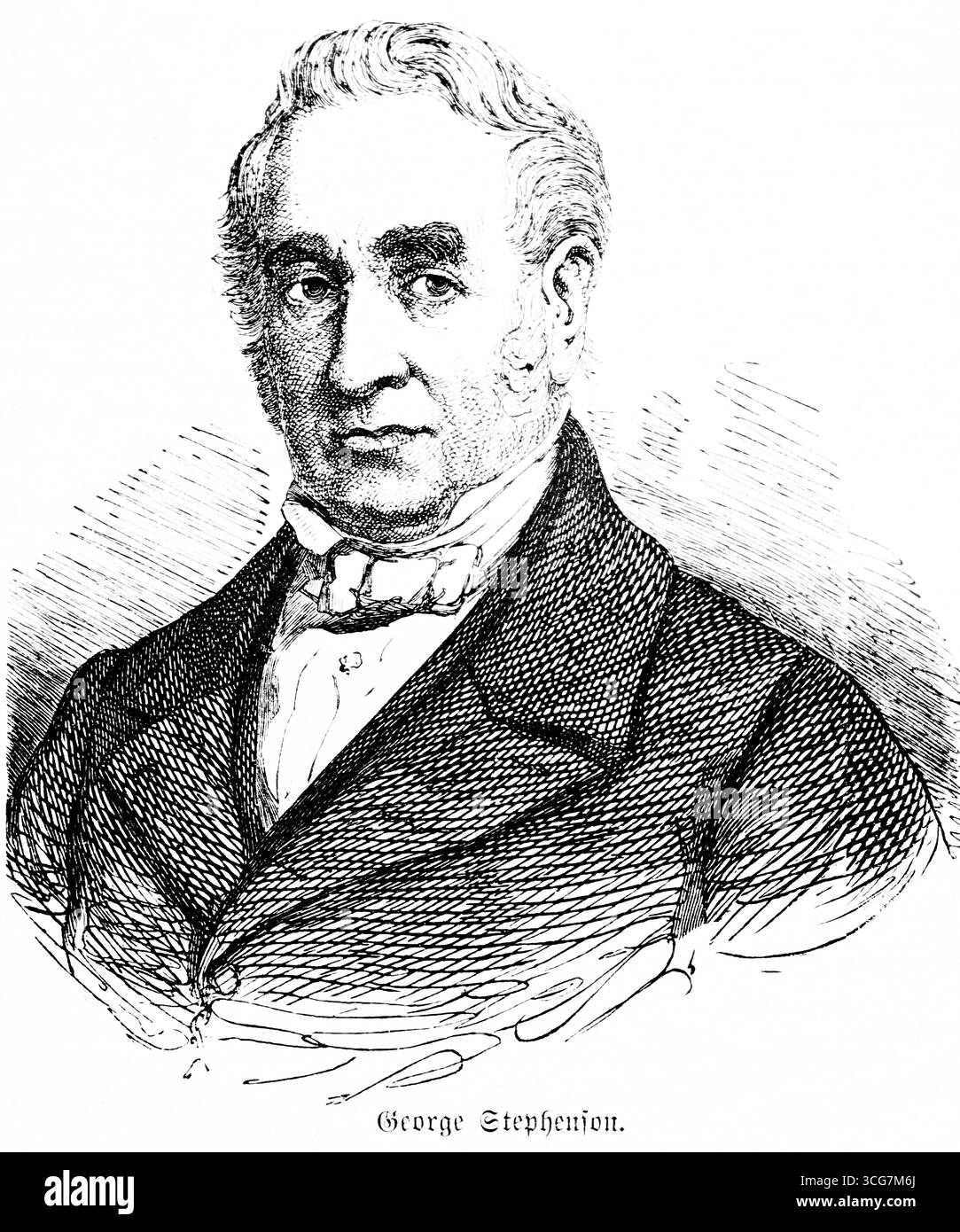 George Stephenson (1771–1848) englischer Ingenieur und Gründer der Eisenbahn, Entwickler einer Dampflokomotive, erste öffentliche Eisenbahn der Welt in Stock Stockfoto