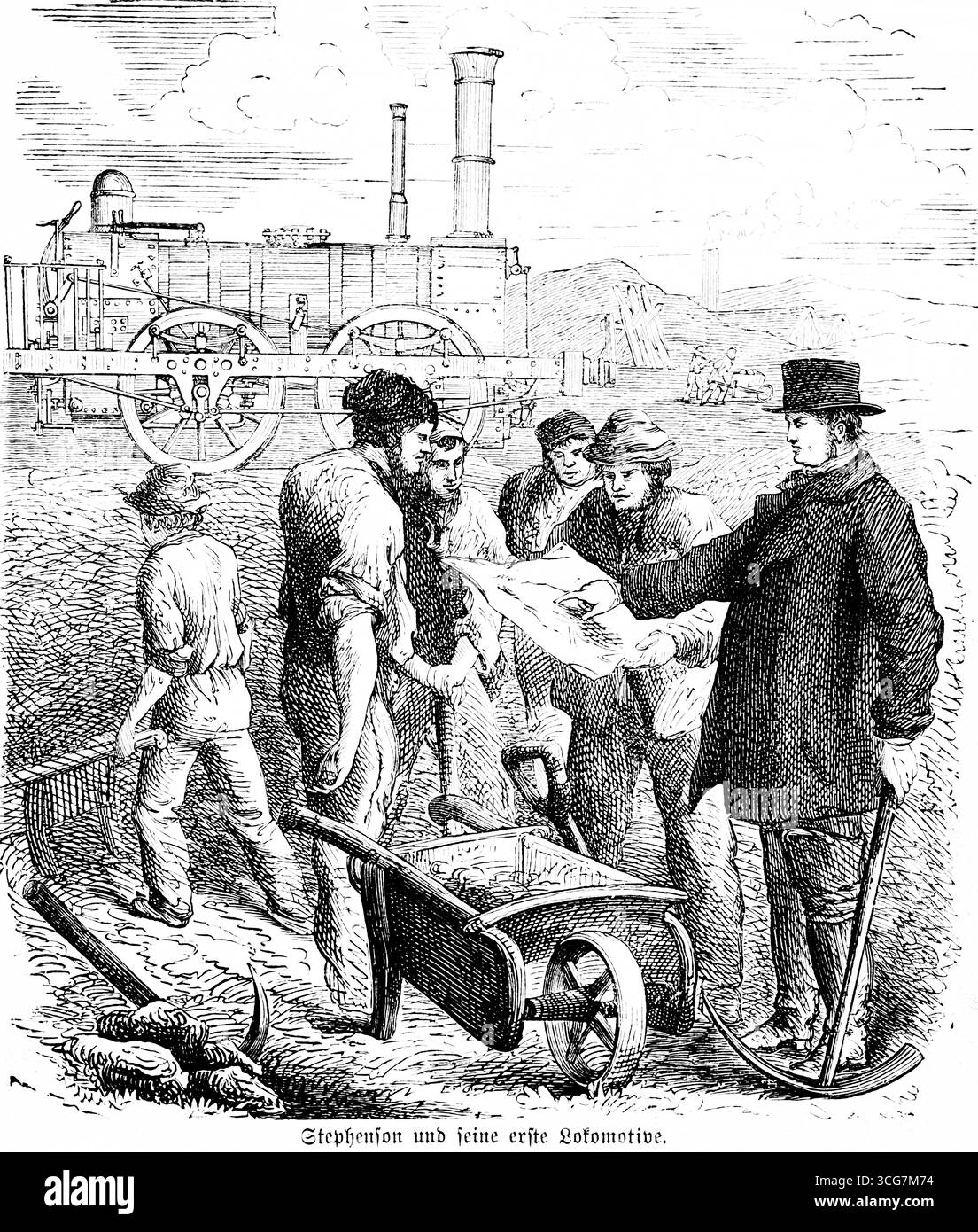 George Stephenson (1771–1848) und seine erste Lokomotive, englischer Ingenieur und Gründer der Eisenbahn, Entwickler der Dampflokomotive, Arbeiter, Rad Stockfoto