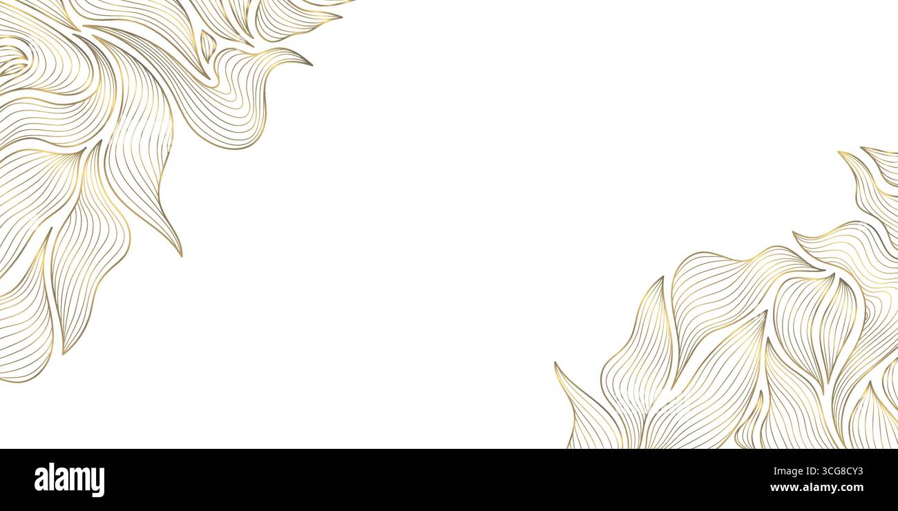 Vektorlinie Kunstblätter, goldene Pflanzen auf weißem Hintergrund, minimaler Sommerdruck des Luxus, abstrakter Blumenrahmen, Zweigfahne. Organische Boho-Skizze Stock Vektor