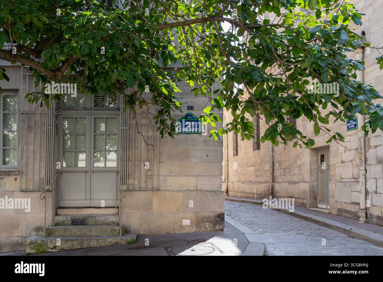 Paris, Frankreich, 08.25.2025. Charmante Kopfsteinpflasterstraße im 5. Arrondissement von Paris Stockfoto