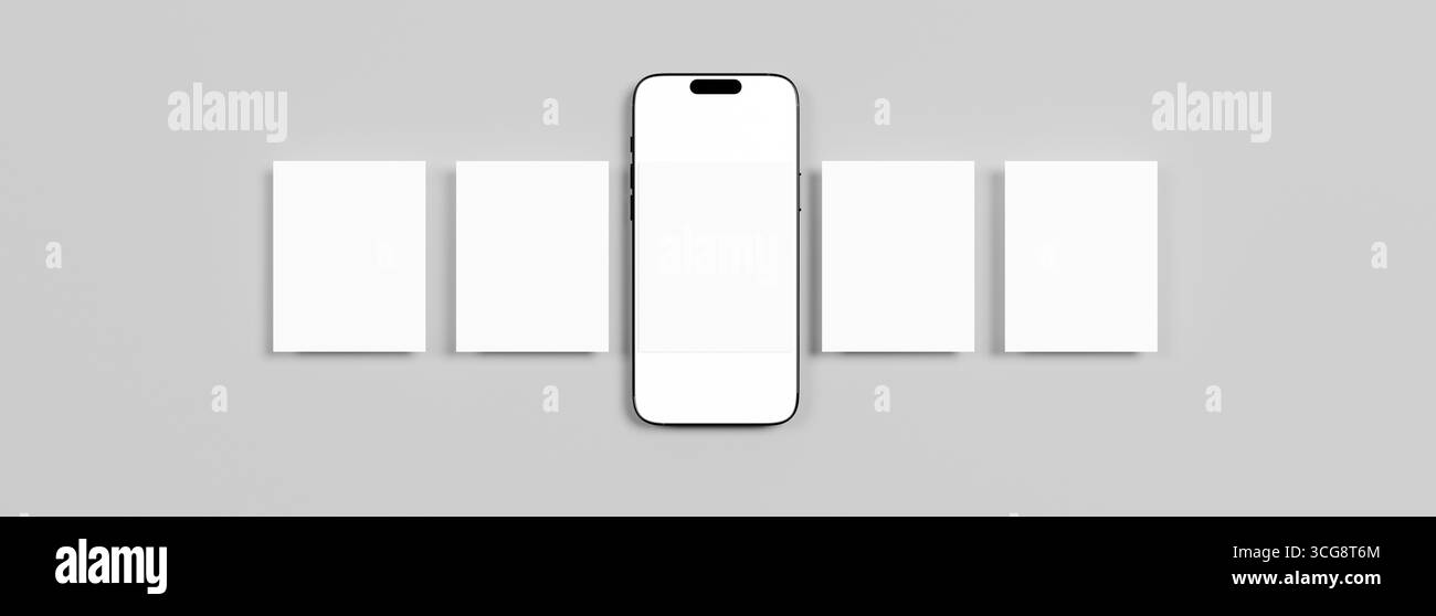 Social Media Post Mockup. Draufsicht eines Mobiltelefons mit App-Seitendesign für Benutzer-Karussell nach dem Feed. Stockfoto