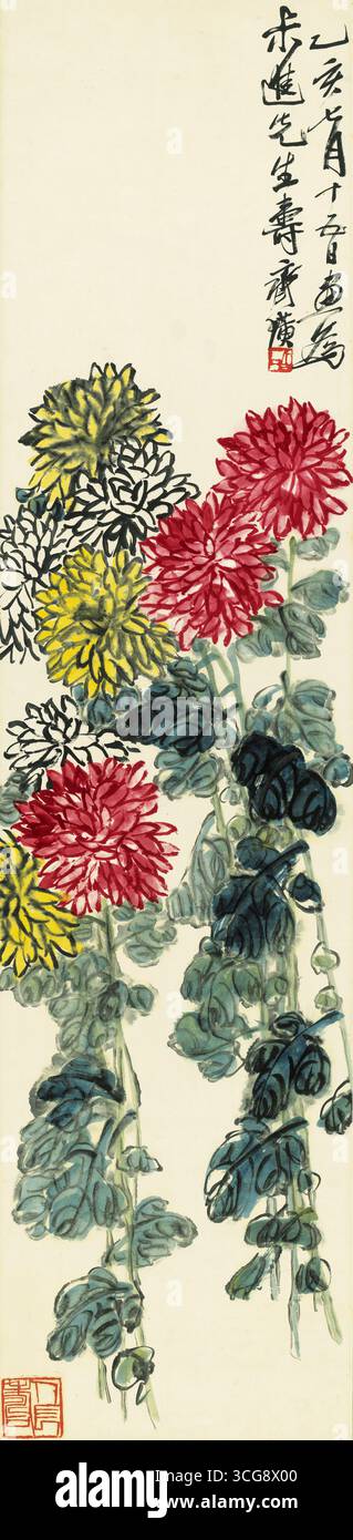 Qi Baishi Chrysanthemen – vertikale Schriftrolle mit chinesischer Tinte und Farbe mit Kalligraphie Stockfoto