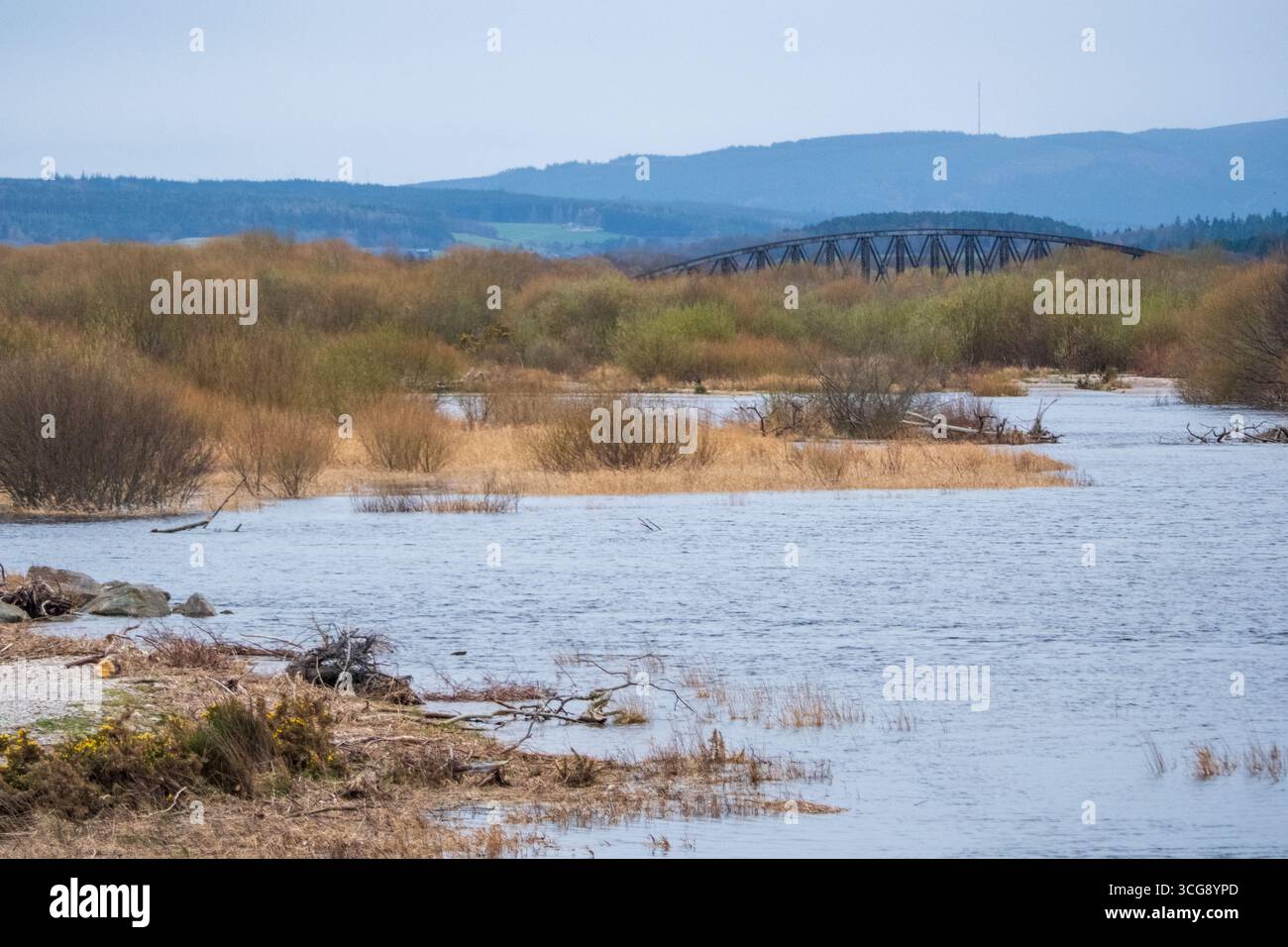 Blick auf eine ruhige Landschaft, wo Wasser unter bewölktem Himmel auf Land trifft, mit einer Brücke, die sich über die Distanz in Fochabers, Schottland, Großbritannien erstreckt. Stockfoto