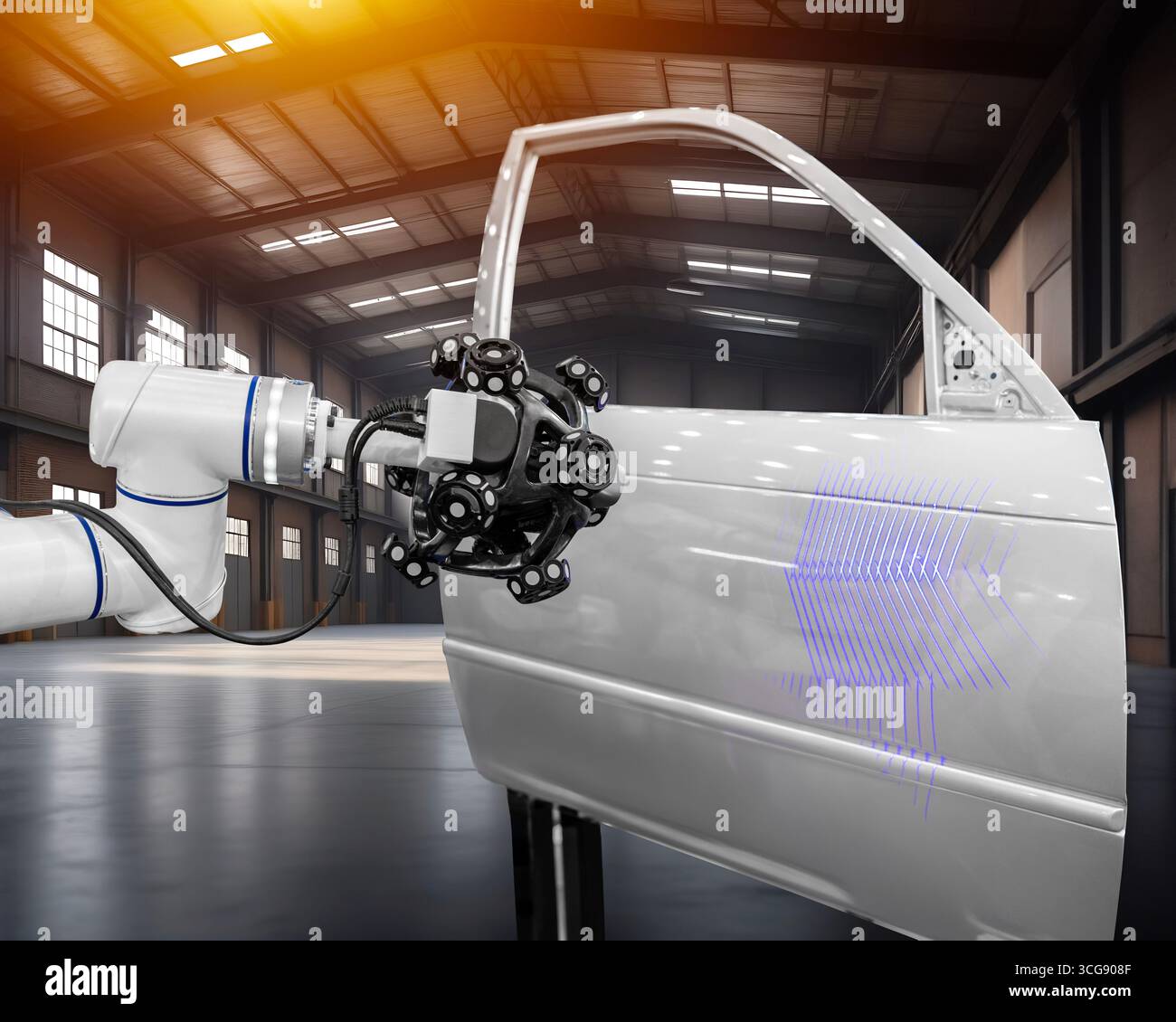 Nahaufnahme des Roboterarms mit hochtechnologischer und präziser Ausrüstung mit tragbarem 3D-Laserscan bei der Inspektion von Fahrzeugteilen im Werk. Stockfoto