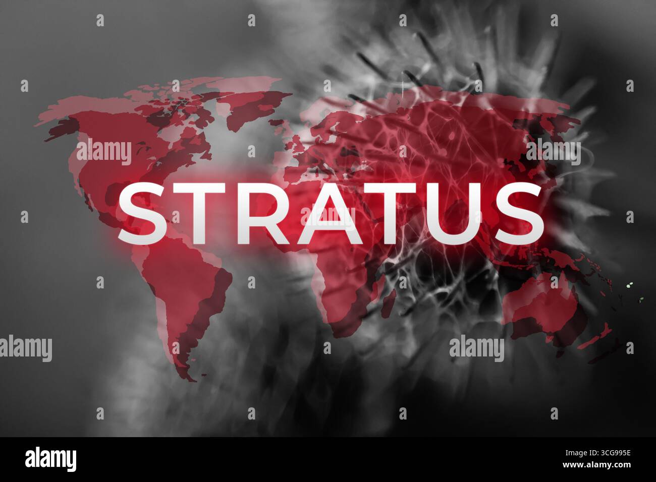 Weltkarte, die die Ausbreitung einer Krankheit wie dem Coronavirus zeigt. Ein neuer Coronavirus-Stamm namens stratus. Covid 2025 Vom 2026. Coronavirus-Pandemie Stockfoto