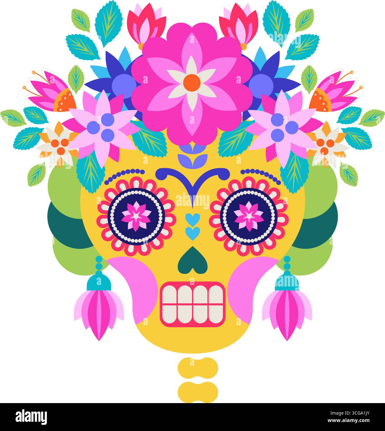Gelber Zuckerschädel Mit Blumen Stock Vektor