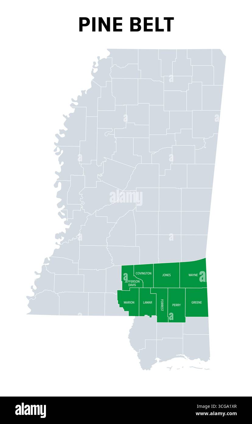 Pine Belt, auch bekannt als Piney Woods, eine Region im Südosten von Mississippi, politische Karte. Die Region hat ihren Namen von langen Laubkiefern. Stockfoto