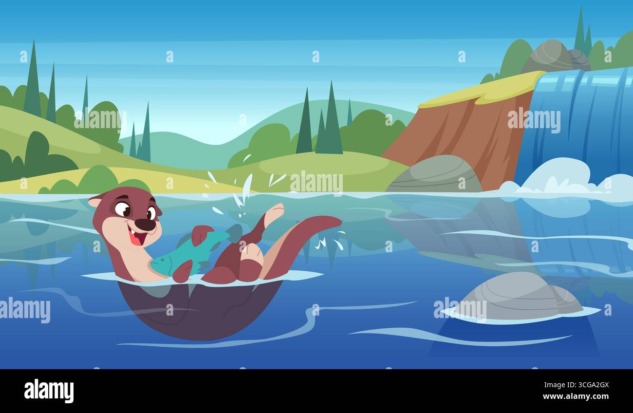 Otter. Wildes Tier Otter Fischen im Fluss oder See exakte Vektor im Freien Cartoon Hintergrund Original Kunstwerk Stock Vektor