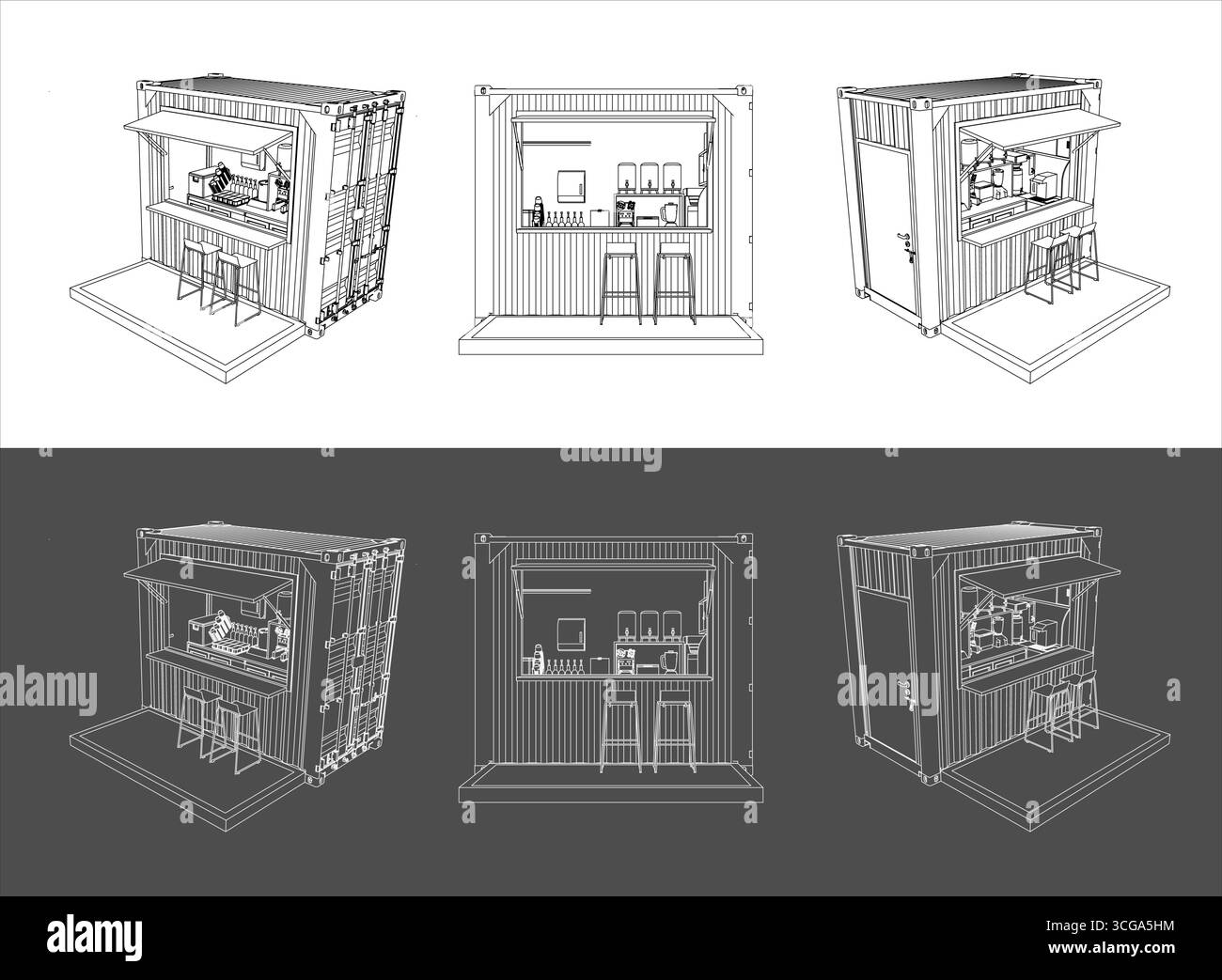 Detailliertes Drahtmodell-Zeichnungsset eines modernen Versandcontainer-Kiosks oder eines Konzessionsständers mit verschiedenen Ansichten für Architektur und Business Stock Vektor