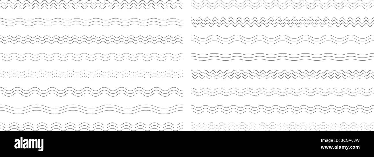 Wellenlinien eingestellt. Sammlung abstrakter, welliger und gepunkteter Linien auf weißem Hintergrund. Minimalistische Dekorationselemente Stock Vektor