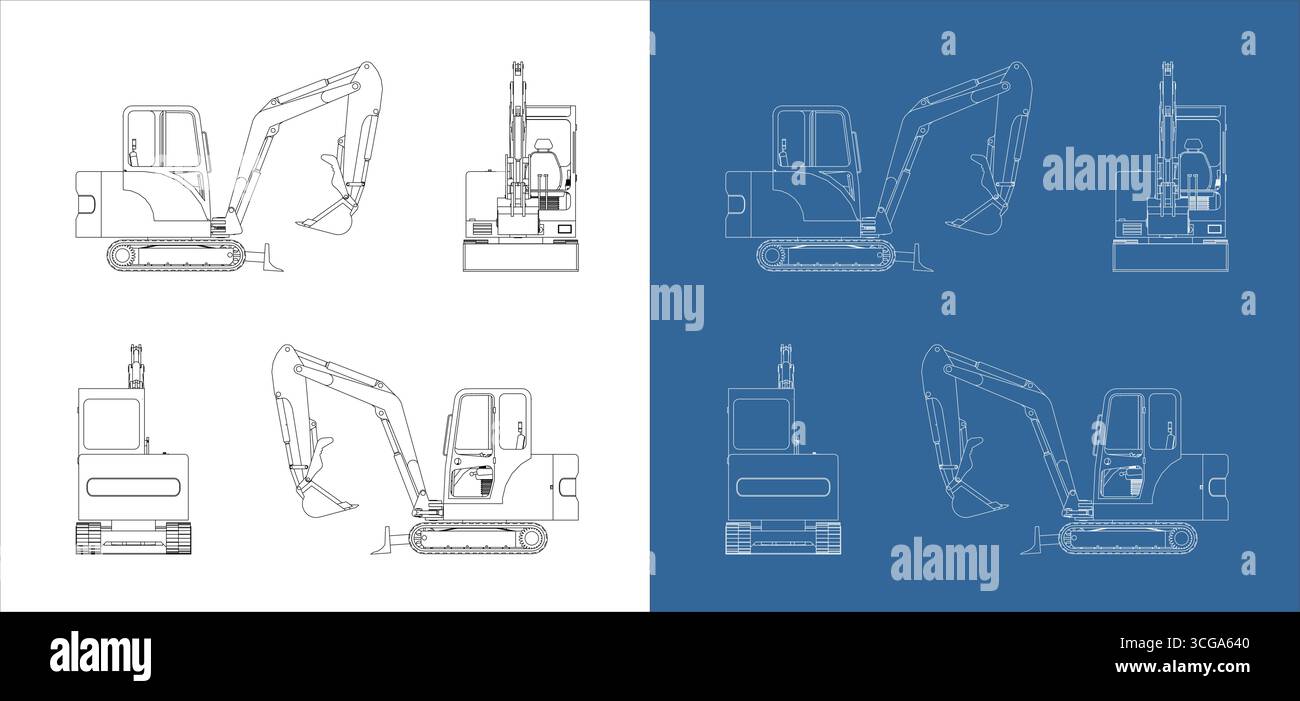 Vektorsatz Minibagger technische Linienzeichnung mehrere Ansichten Stock Vektor