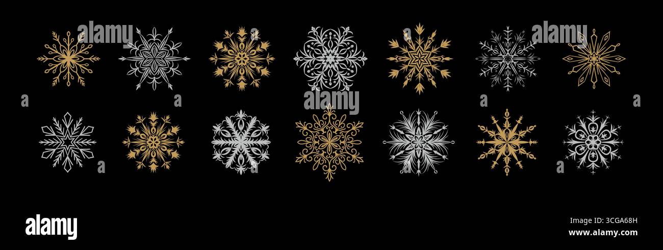 Set aus goldenen und silbernen Schneeflocken auf schwarzem Hintergrund. Winterliche Einrichtung. Happy New Year und Merry Christmas – luxuriöse Designelemente. Spar Stock Vektor