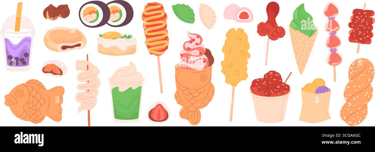 Cartoon asiatisches Streetfood. Frittierte Meeresfrüchte, Tintenfisch, Fisch- und Gemüsesorten. Bubble Tee und Eis, Mochi, Kekse mit Topping, rassige Vektor-Clipa Stock Vektor
