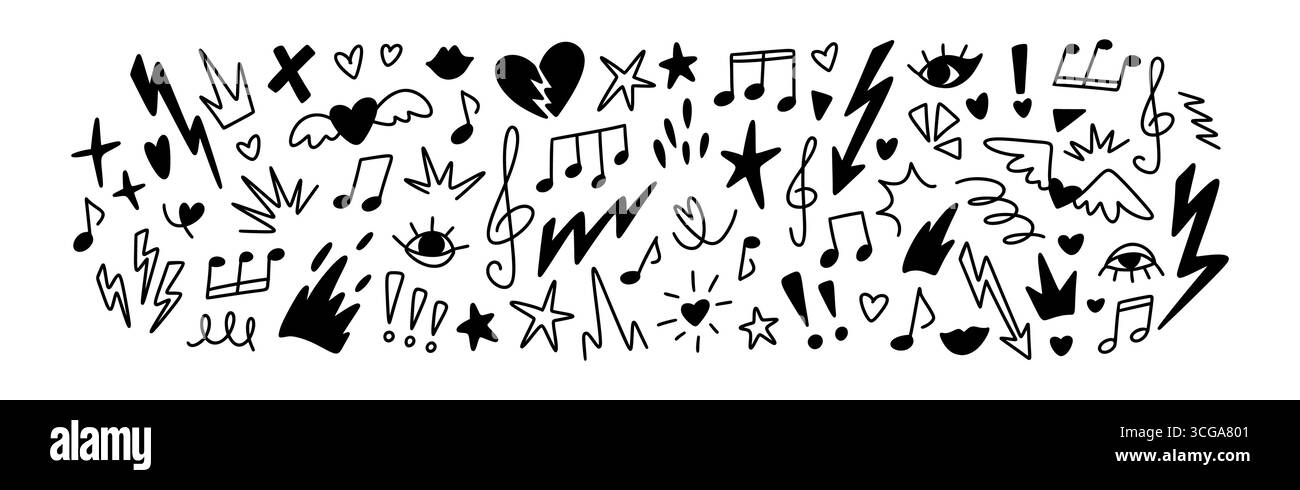Set aus nock n Roll, Punk-Musik-Grunge-Kritzelsymbolen. EMO Gothic Hand gezeichneter Hintergrund. Sternform, Hitze, Mund, Notizen, Blitzzeichnungen. Zeichenstift Stock Vektor
