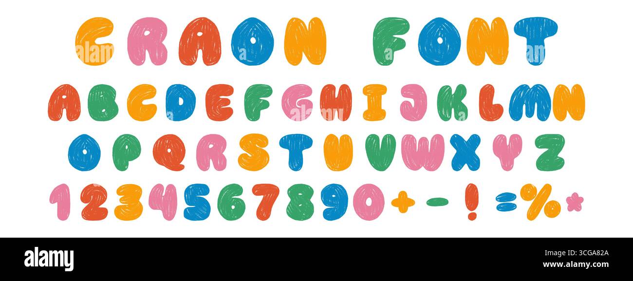 Kinder-Buntstift-Alphabet, strukturiertes Wachs-Pastellstil. Lustige und verspielte Buchstaben und Zahlen. Handgezeichnete Kreide- und Bleistiftstruktur Stock Vektor