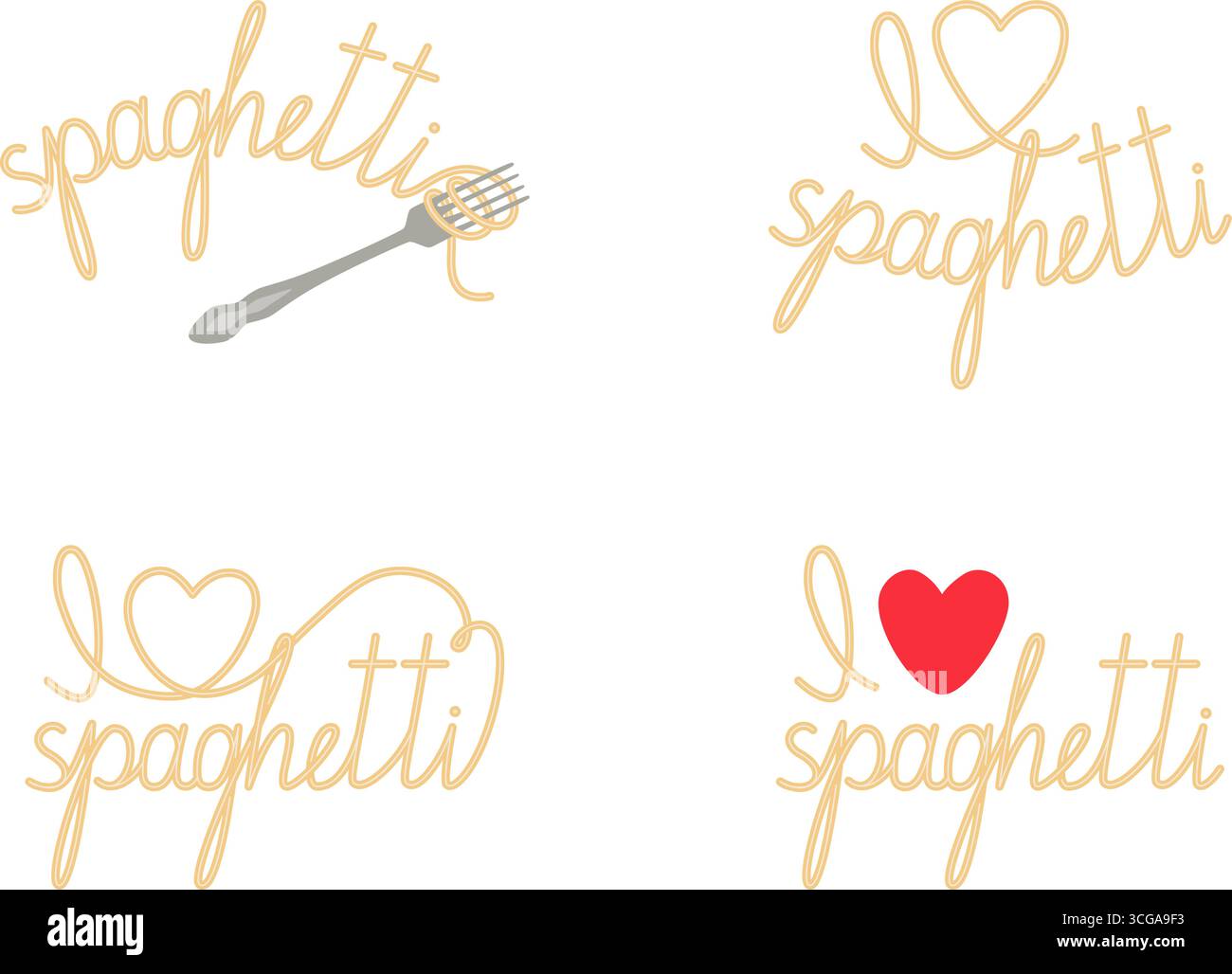 Spaghettinudeln mit Buchstaben. Konzeptvektorgrafik auf weißem Hintergrund Originalgrafik Stock Vektor