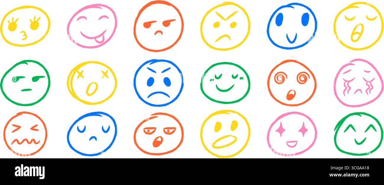 Niedliche Buntstift-Doodle-Emoji-Symbole. Handgezeichnete Comic Smiley Gesichter mit verschiedenen Emotionen und Stimmungen Stock Vektor