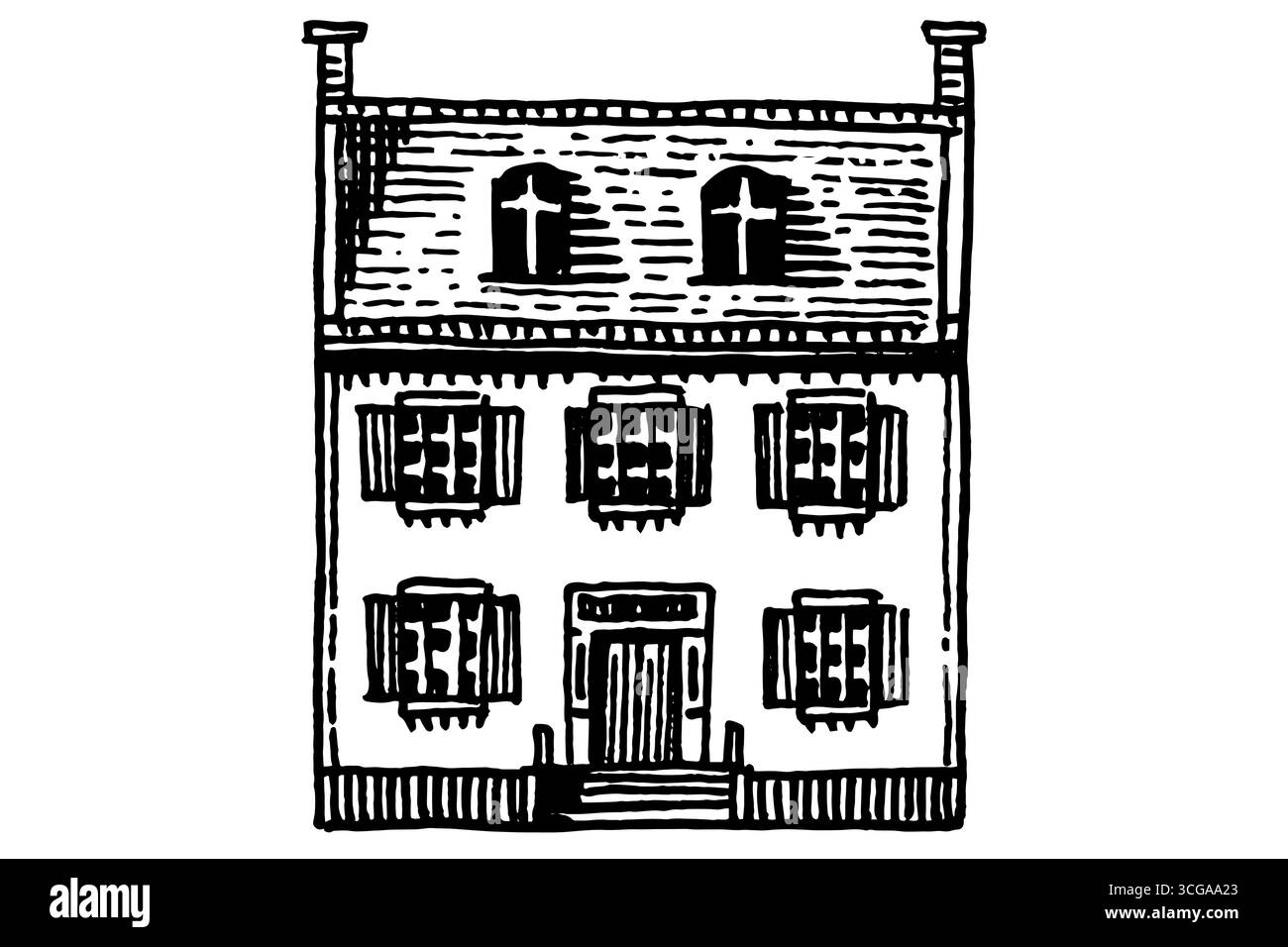 Amerikanisches oder europäisches Haus, französische Villa und Villa. Handgezeichnetes, graviertes Gebäude mit einem oder zwei Stockwerken. Symbol für Immobilien in Vorstädten Stock Vektor