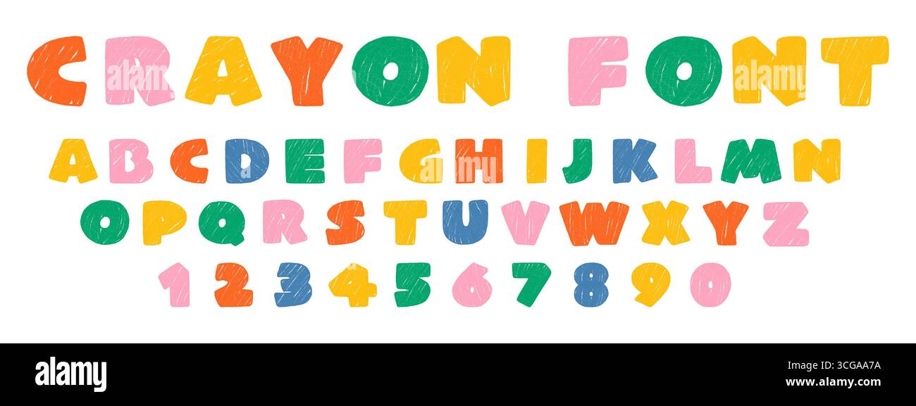 Verspieltes handgezeichnetes Buntstift-Alphabet mit Zahlen. Bunte Buchstaben in Wachspastellfarben. Kinderschriftart mit Kreide- und Bleistiftstruktur Stock Vektor