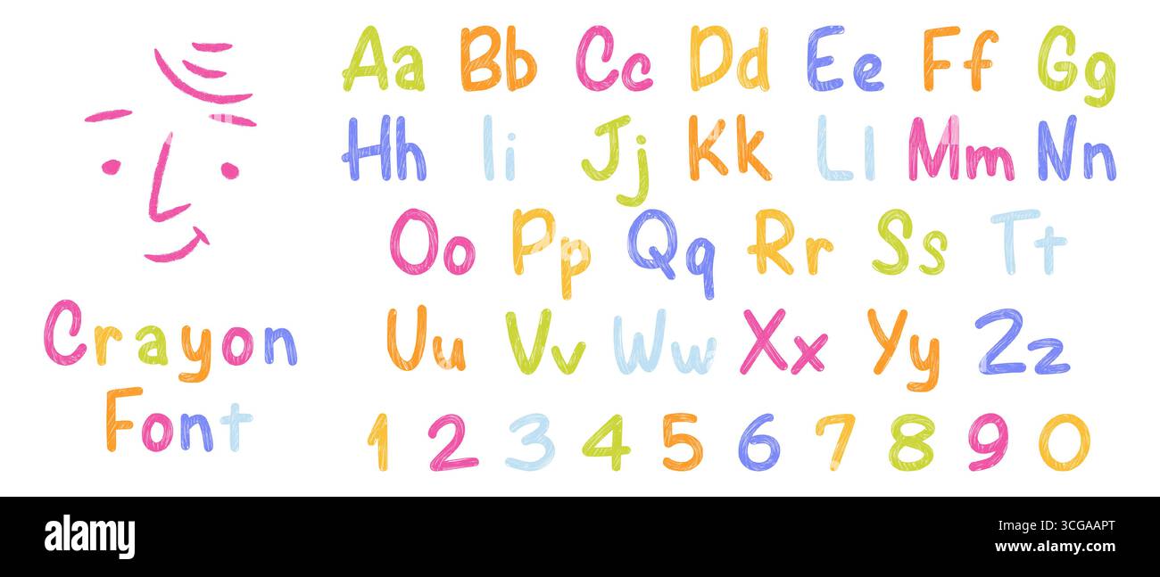 Niedliche Buntstift-Schriftart für Kinder. Alphabet und Zahlen mit Kreide- und Bleistiftstruktur. Kindliche, verspielte Kritzeleien Stock Vektor