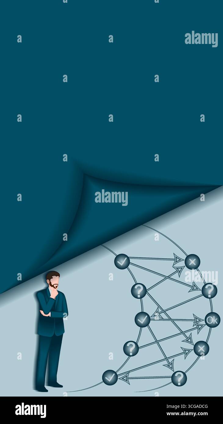 Entscheidungsbaumdiagramm zur Identifizierung von Problemen und Chancen im Entscheidungsprozess. Vertikale 2D-Vorlage. Vektorabbildung. Stock Vektor