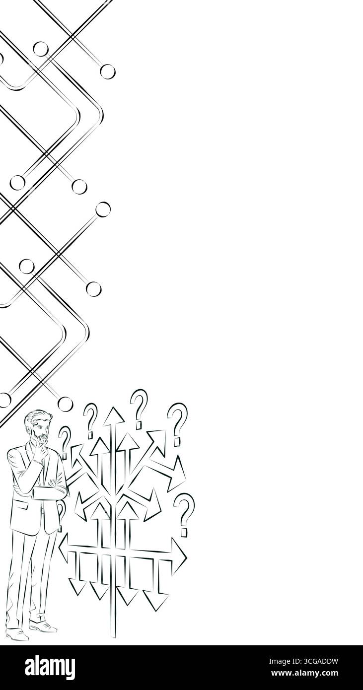 Entscheidungsbaumdiagramm zur Identifizierung von Problemen und Chancen im Entscheidungsprozess. Vertikale Vorlage Skizzieren. Vektorabbildung. Stock Vektor