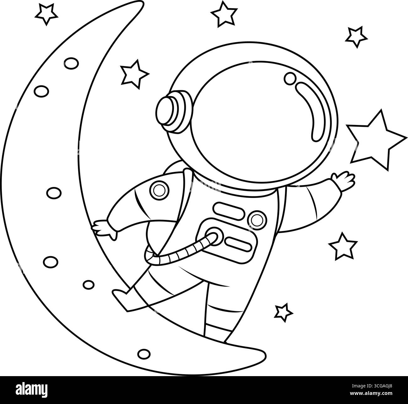 Die süße Astronaut-Cartoon-Figur steht auf Einem Mond und winkt. Handgezeichnete Vektor-Illustration Isoliert Auf Transparentem Hintergrund Stock Vektor