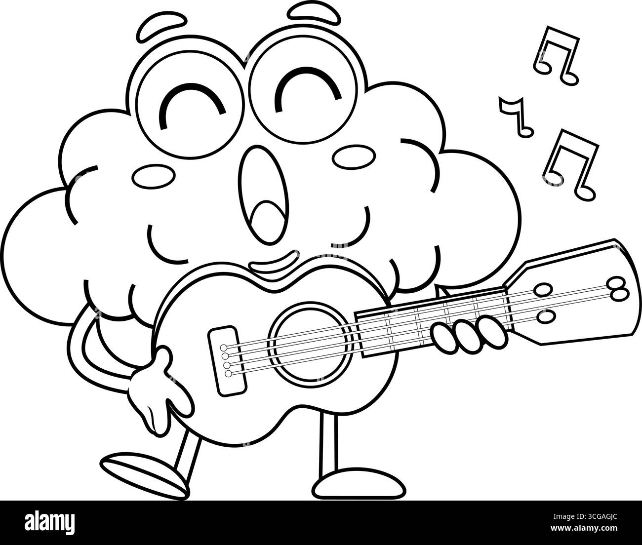 Eine lustige Figur aus dem Gehirn, die Gitarre spielt und singt. Handgezeichnete Vektor-Illustration Isoliert Auf Transparentem Hintergrund Stock Vektor
