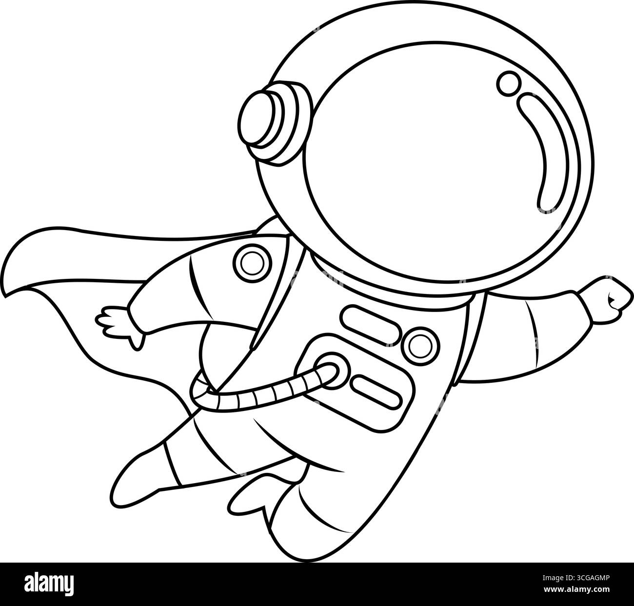 Der Süße Astronaut Super Hero Cartoon Charakter Flying. Handgezeichnete Vektor-Illustration Isoliert Auf Transparentem Hintergrund Stock Vektor