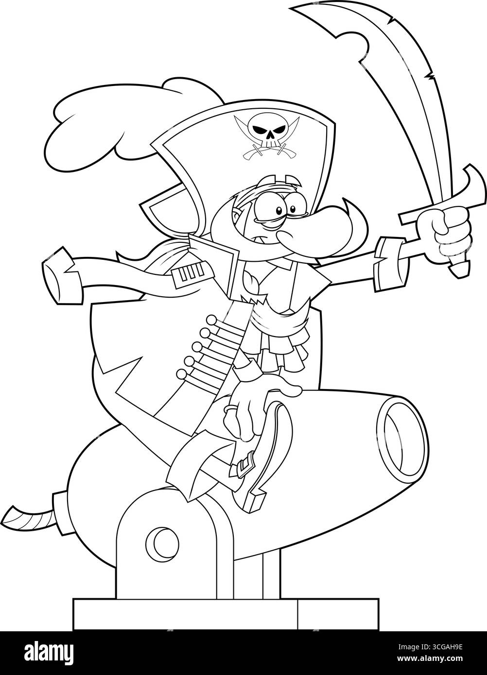 Umrissene Lustige Piratenfigur Mit Schwert Auf Kanone. Handgezeichnete Vektor-Illustration Isoliert Auf Transparentem Hintergrund Stock Vektor