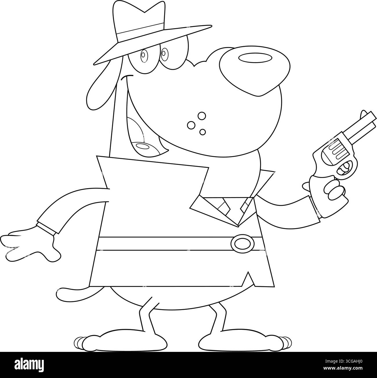 Er hat einen Detective Dog Cartoon-Charakter mit Einer Waffe dargestellt. Handgezeichnete Vektor-Illustration Isoliert Auf Transparentem Hintergrund Stock Vektor