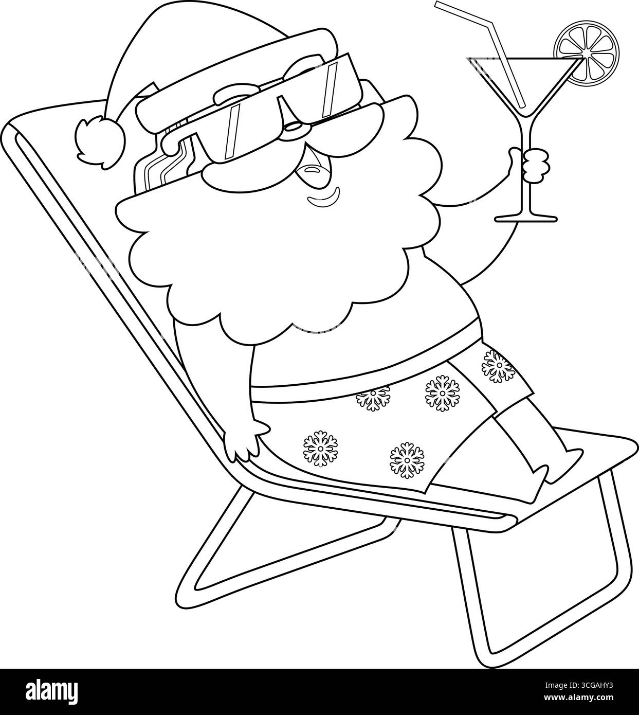 Der Cartoon-Charakter Des Weihnachtsmanns Liegt Im Deck Chair Und Trinkt Cocktails. Handgezeichnete Vektorgrafik Stock Vektor