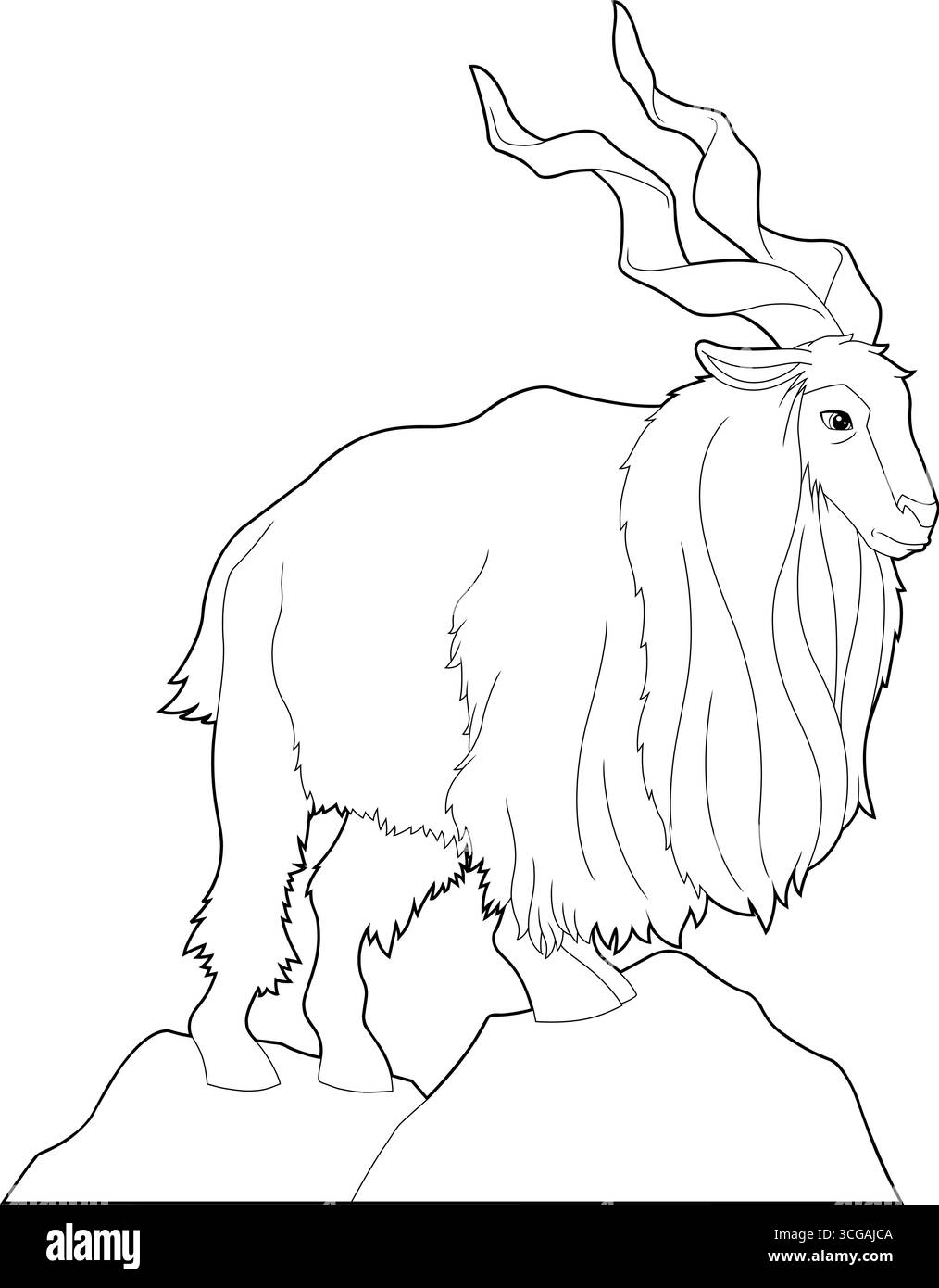Die Figur des Markhor Animal Cartoon auf dem Gipfel Eines Berggipfels. Handgezeichnete Vektor-Illustration Isoliert Auf Transparentem Hintergrund Stock Vektor
