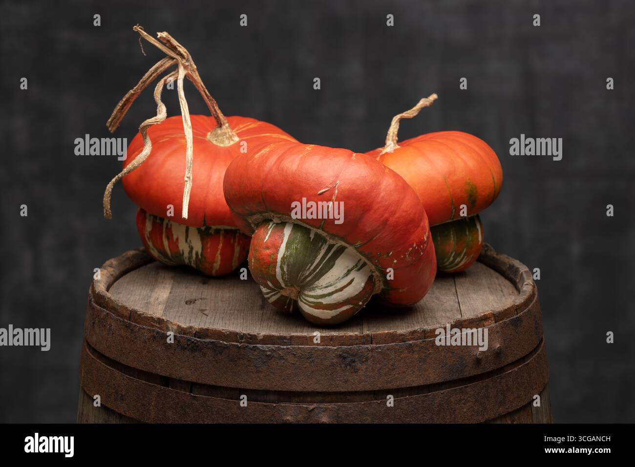 Turks Turban Squash Kürbisse auf einem rustikalen Holzfass vor dunklem Hintergrund Stockfoto
