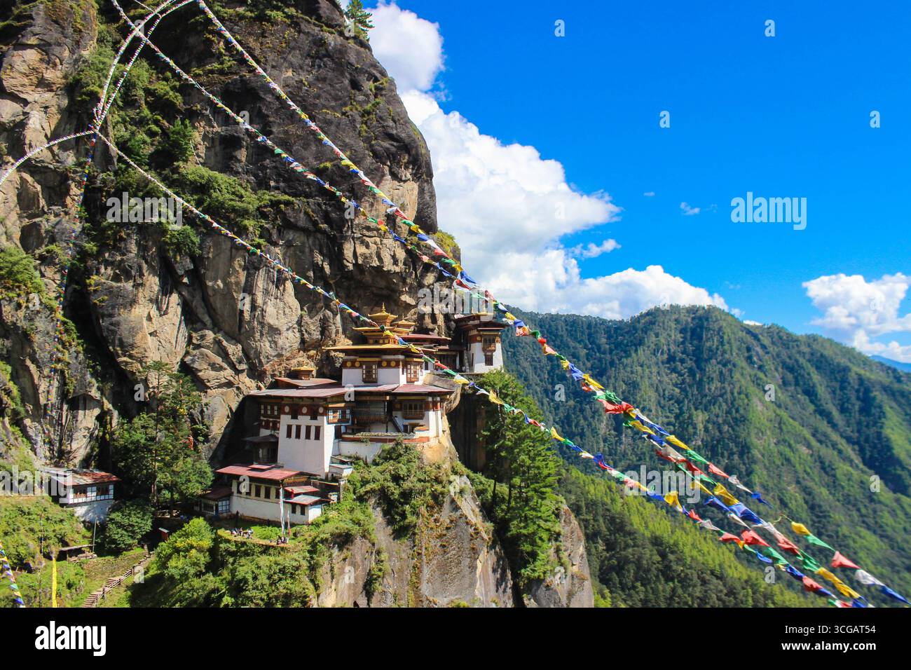Malerischer Blick auf das Kloster Tiger's Nest in Bhutan, das auf Klippen mit umliegenden Wäldern und Bergen thront, während der Wanderung zu diesem berühmten Wahrzeichen des Himalaya erfasst wird. Stockfoto