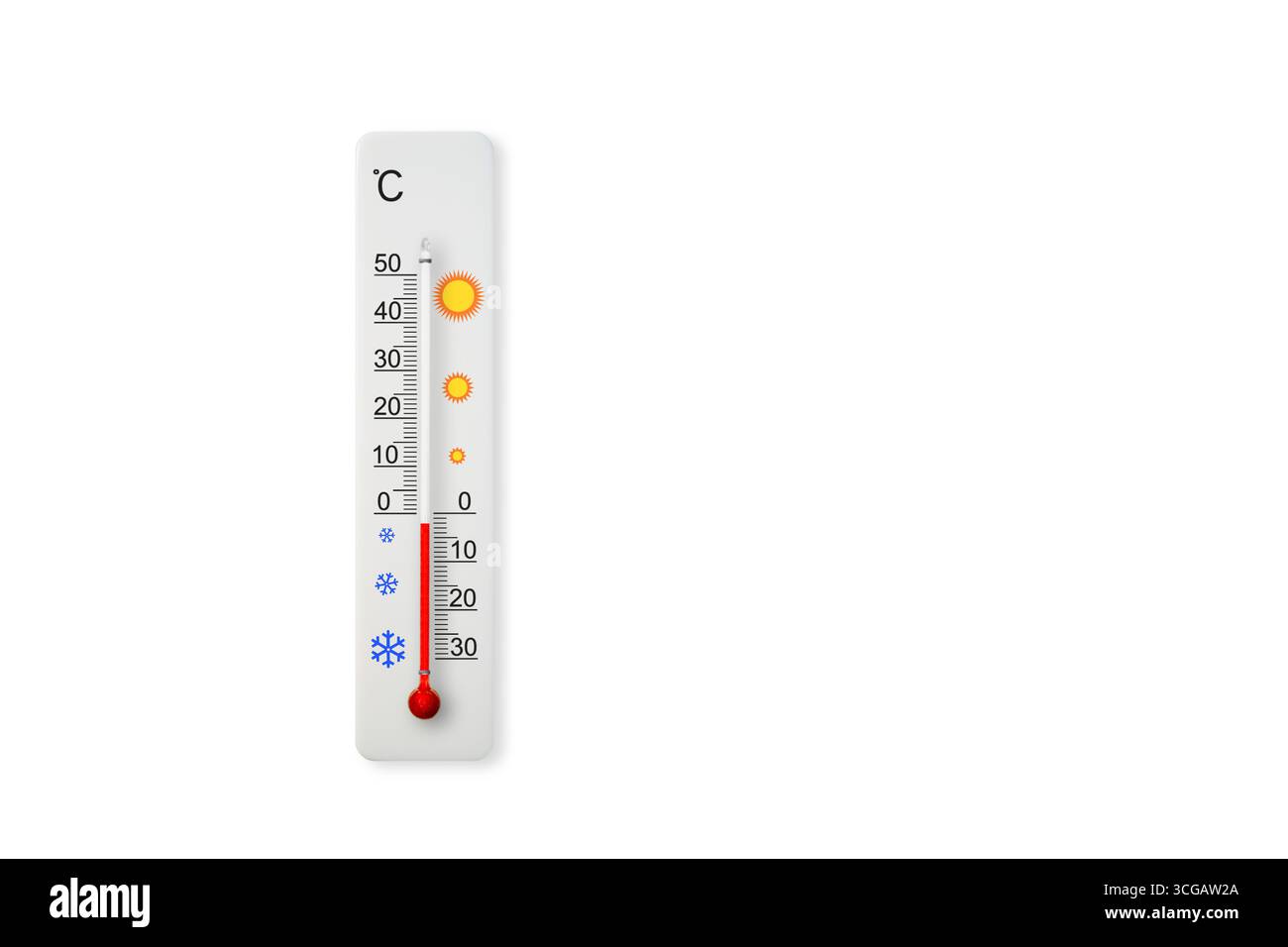 Thermometer mit weißer celsius-Skala isoliert auf weißem Hintergrund. Umgebungstemperatur minus 2 Grad celsius Stockfoto