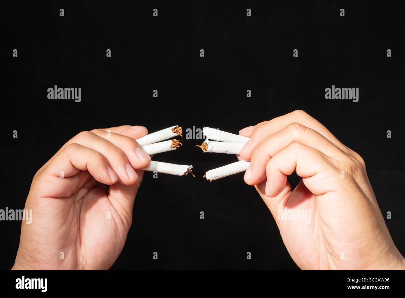 Eine Hand hält mehrere zerbrochene Zigaretten vor dunklem Hintergrund, was das Aufhören oder das Rauchen symbolisiert. Stockfoto
