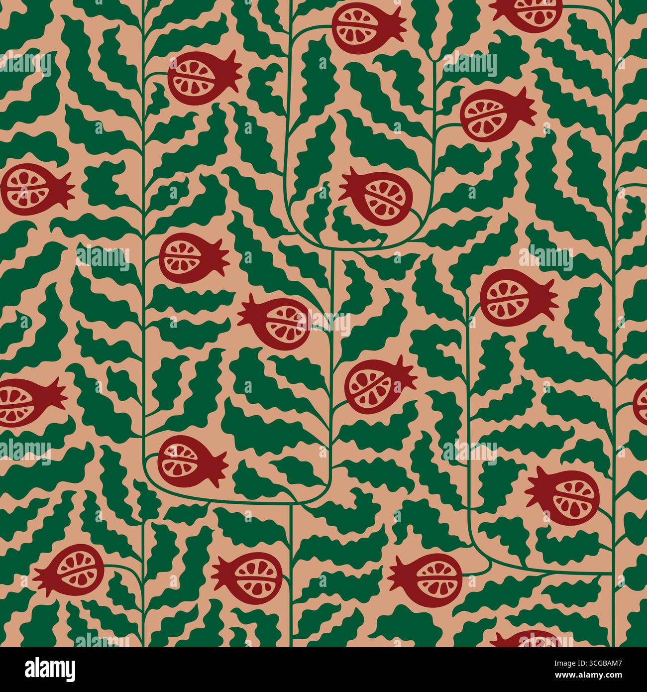 Abstrakte grüne Blätter botanisches Granatapfelblatt Vektor nahtloses Muster. Minimalistische Früchte und Samen auf beigefarbenem Hintergrund für Papierdesign, Textil Stock Vektor