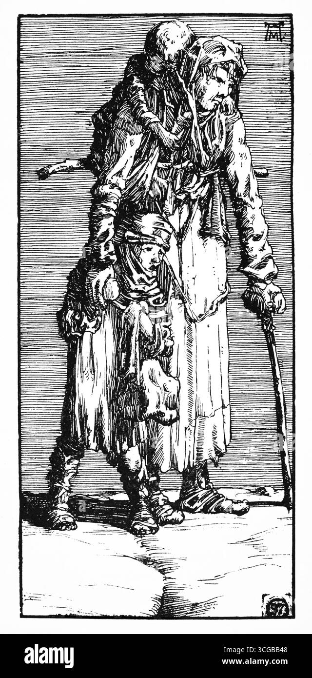 Armut, behinderte Frau mit Kindern, gekleidet in Lappen, 1897 Zeichnung des italienischen Illustrators Alberto Martini aus dem Studio Magazine 1905 Stockfoto