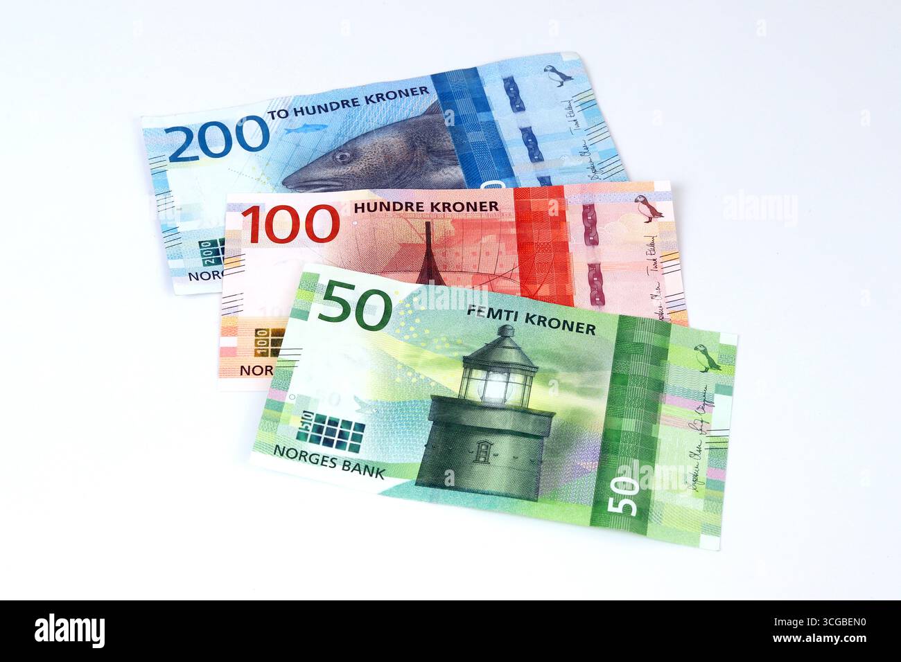 Norwegen, Jahr 2025, Norwegische Krone, Detail eines Teils norwegischer Banknoten im neuen Stil, Nahaufnahme, Makrofoto Stockfoto