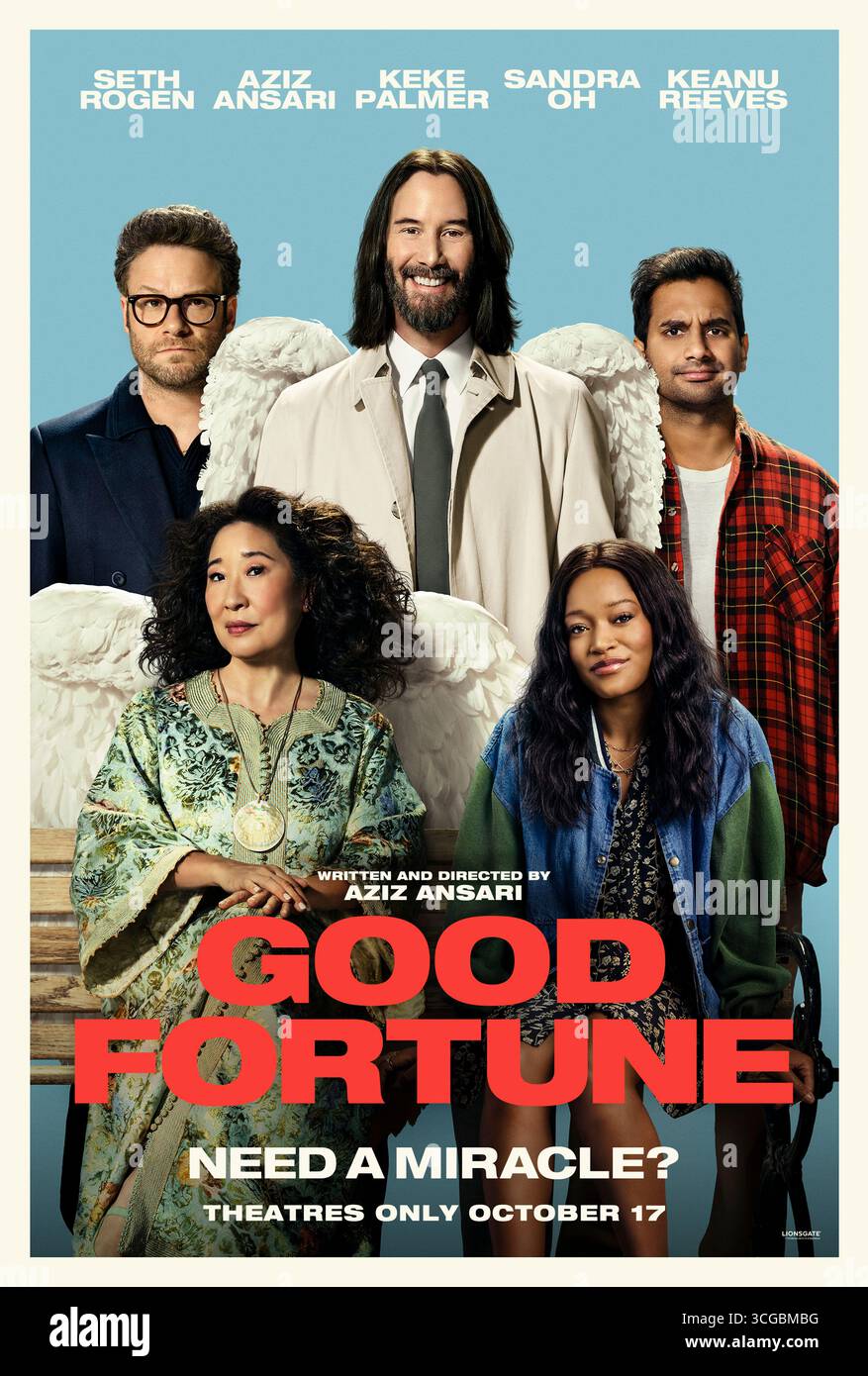 Good Fortune (2025) von Aziz Ansari mit Keanu Reeves, Seth Rogen, Aziz Ansari und Keke Palmer. Ein wohlmeinender, aber unfähiger Engel namens Gabriel mischt sich in das Leben eines kämpfenden Gigarbeiters und eines wohlhabenden Risikokapitalisten ein und bringt dabei beide Welten in den Umsturz. NUR ZUR REDAKTIONELLEN VERWENDUNG des US-Advance-Posters. Quelle: BFA/Lionsgate Stockfoto