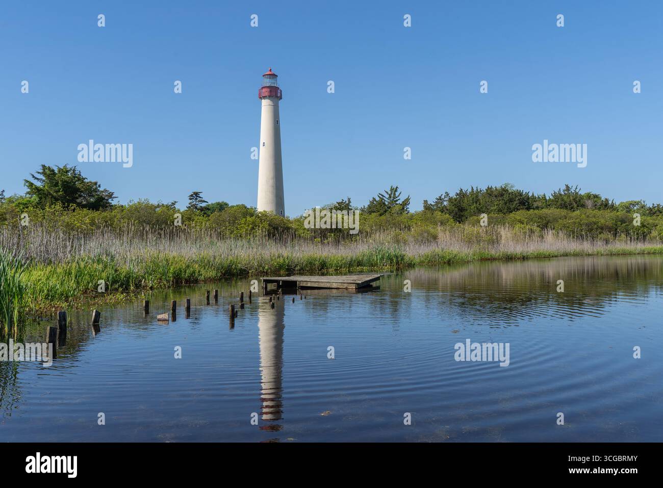 Cape May Lighthouse, der sein zeitloses Spiegelbild im ruhigen Teichwasser ausstrahlt." Stockfoto