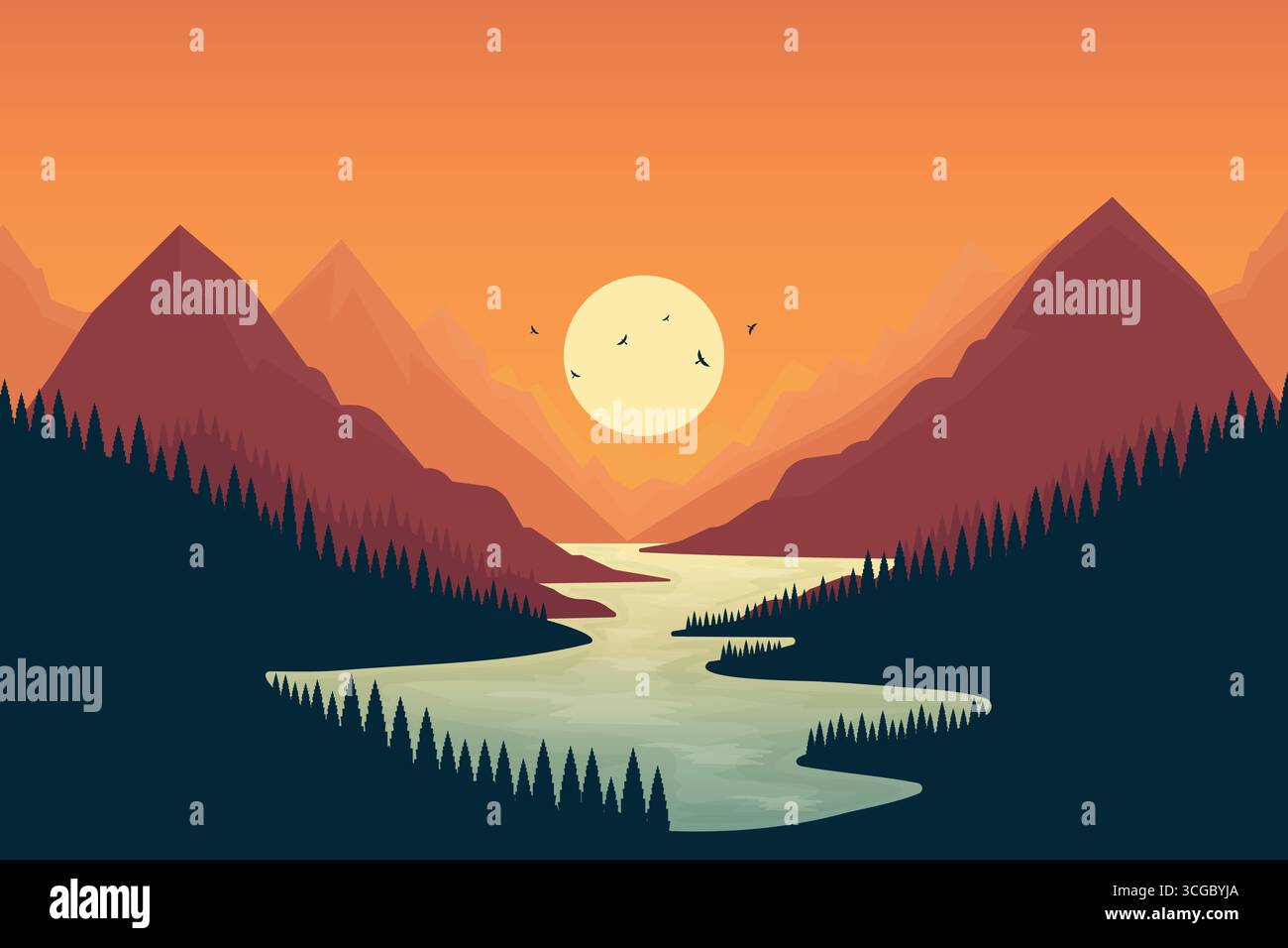 Berg Sonnenuntergang Landschaft flache Vektor-Illustration. Stock Vektor
