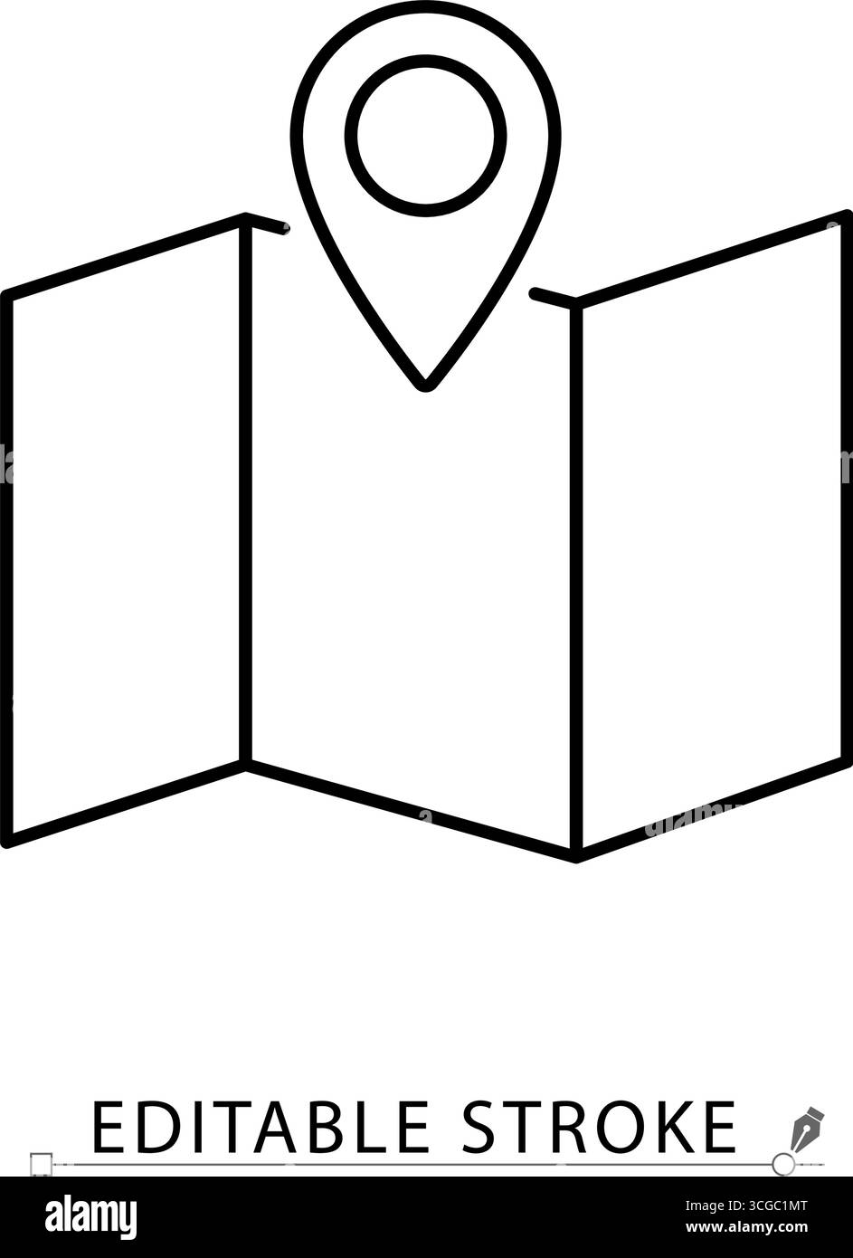 Symbol für Kartenlinie mit bearbeitbarer Kontur. Vektorkontur der gefalteten Papierkarte mit Positionsstift. Minimalistisches Navigationssymbol für Reisen, Tourismus, Geografie Stock Vektor